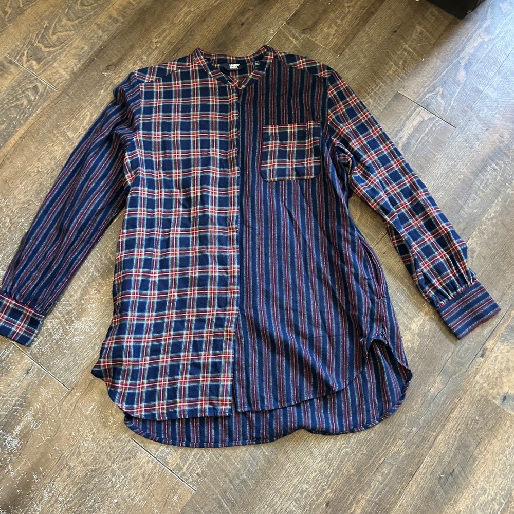 Lands‎ End Womens Large 14-16 Blue Plaid Striped  Flannel Tunic Shirt Dress